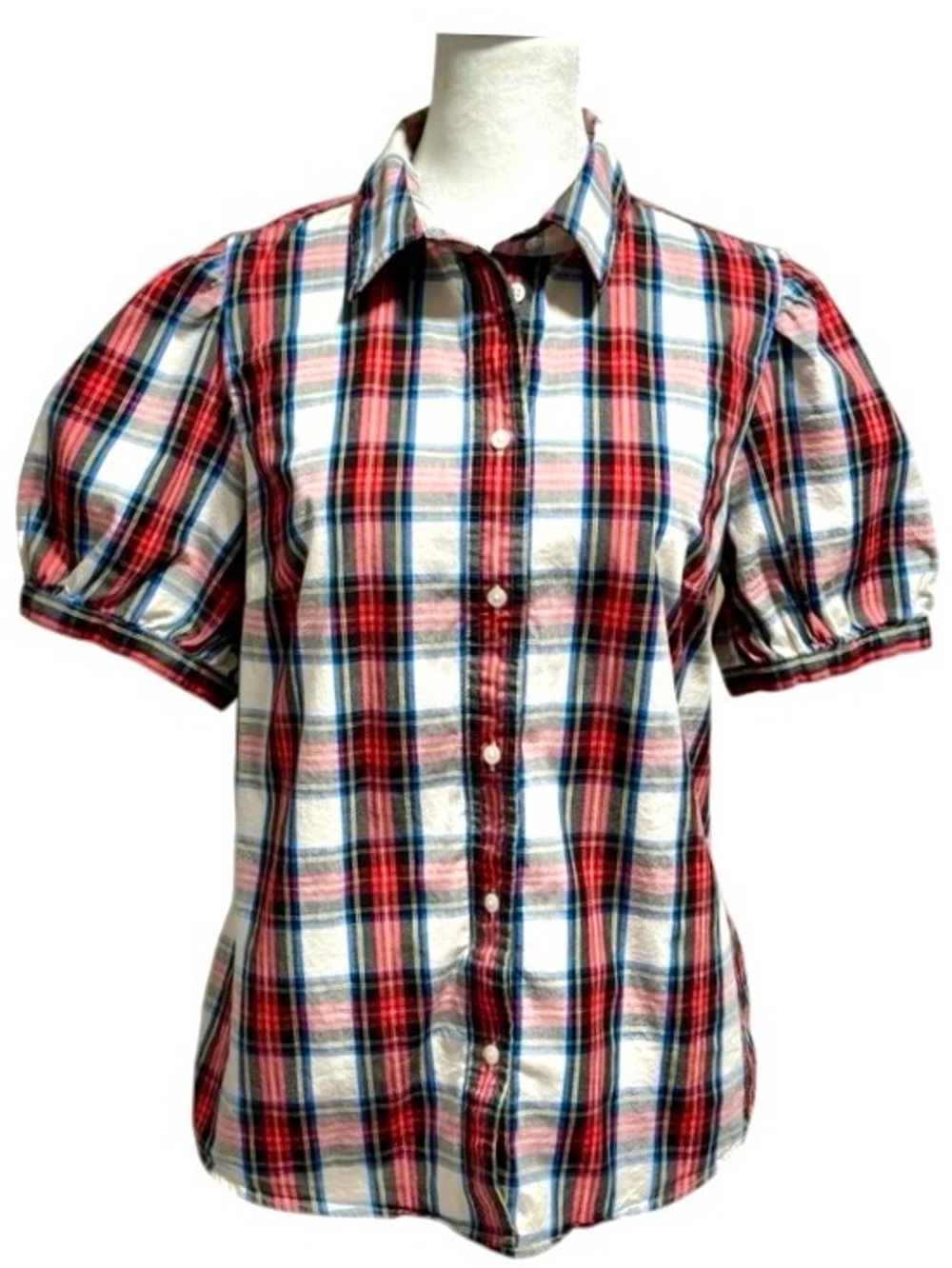 J Crew Puff Sleeve Tartan Plaid Button Up Top in Red/White Womens XXL